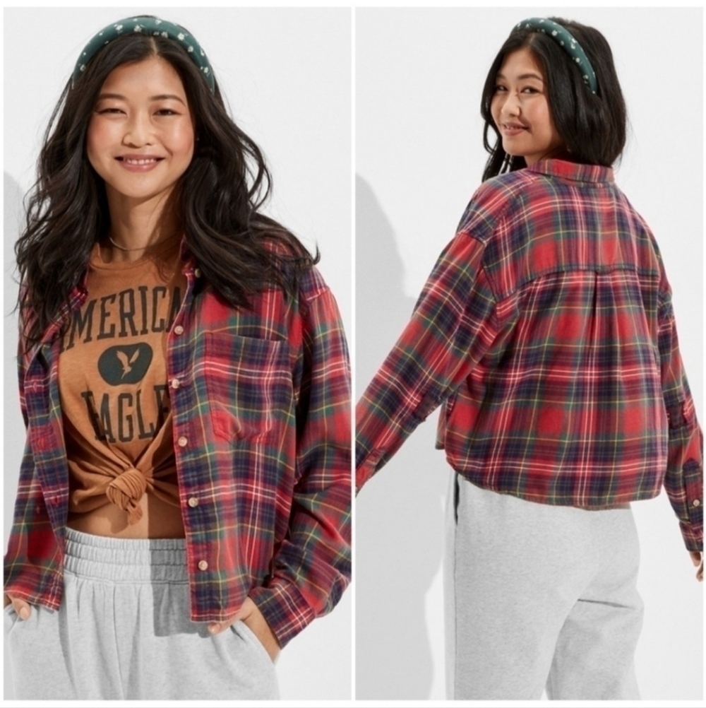 American Eagle AEO Cozy Cabin Cropped Patched Flannel Shirt Red Women's Small S - Picture 5 of 14
